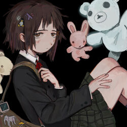 Rule 34 | 1girl, absurdres, black background, black jacket, brown bag, brown eyes, brown hair, buttons, closed mouth, collared shirt, fffkorobka, green skirt, hair ornament, hand on own thigh, hashtag hair ornament, highres, iwakura lain, jacket, linux, long sleeves, necktie, plaid clothes, plaid skirt, pleated skirt, red necktie, sanpaku, school uniform, serial experiments lain, shirt, short hair, simple background, skirt, solo, stuffed animal, stuffed rabbit, stuffed toy, tareme, teddy bear, tux, white shirt, x hair ornament