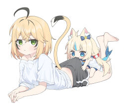 Rule 34 | 2girls, ahoge, animal ear fluff, animal ears, barefoot, black hair, black shorts, blonde hair, blue bow, blue hair, blunt bangs, bow, breasts, cat ears, chibi, clothes in mouth, clothes pull, crossed ankles, crossed bangs, dolphin shorts, dooby (vtuber), dress, feet up, fins, fish girl, fish tail, frilled sailor collar, frills, green eyes, hair between eyes, hair bow, indie virtual youtuber, jerboa tail, lifebuoy hair ornament, looking at viewer, lying, medium breasts, mouse girl, multicolored hair, multiple girls, on stomach, sailor collar, sailor dress, sameko saba, shirt, short hair, shorts, shorts pull, sidelocks, single bare shoulder, single off shoulder, tail, tail raised, ugaaaa1, virtual youtuber, white background, white shirt, yuri