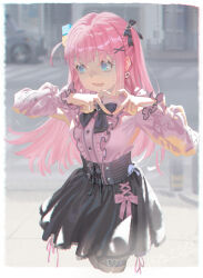 Rule 34 | 1girl, four-finger heart hands, alphonse (white datura), alternate costume, blue eyes, bocchi the rock!, corset, cube hair ornament, frilled shirt, frills, gotoh hitori, hair ornament, heart, heart hands, heart o-ring, highres, jirai kei, lolita fashion, long hair, o-ring, one side up, open mouth, pink hair, pleated skirt, shirt, skirt, solo, sweat, x hair ornament