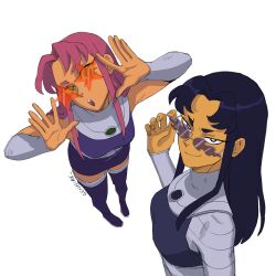 2girls adjusting_eyewear blackfire boots bracer breasts colored_skin commentary dc_comics english_commentary flame-shaped_eyewear full_body genniax highres long_hair medium_breasts multiple_girls orange_skin purple_hair red_hair siblings signature sisters skirt smile star-shaped_eyewear star_(symbol) starfire sunglasses superhero_costume teen_titans thigh_boots upper_body white_background