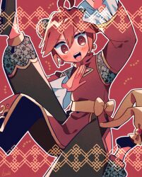 Rule 34 | ahoge, alternate costume, alternate hairstyle, arm up, black footwear, black pants, china dress, chinese clothes, dress, earrings, fighting stance, foot out of frame, frilled dress, frills, gem, jewelry, kasane teto, looking at viewer, open mouth, pants, red background, red dress, red eyes, red hair, teeth, tongue, underwear around one leg, upper teeth only, utau, yuusuke-kun