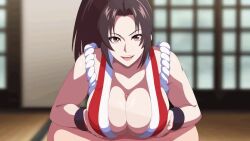 1boy 1girl animated bare_shoulders bouncing_breasts breasts breasts_squeezed_together brown_eyes brown_hair cleavage fatal_fury hetero high_ponytail japanese_clothes large_breasts long_hair looking_at_viewer ludinsketches open_mouth paizuri penis ponytail pov pov_crotch shiranui_mai smile solo_focus tagme teeth upper_teeth_only video