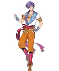 Rule 34 | 1boy, blue gloves, bridal gauntlets, earrings, fire emblem, fire emblem: thracia 776, fire emblem heroes, gloves, headband, highres, homer (fire emblem), jewelry, long hair, looking at viewer, male focus, nintendo, non-web source, official art, ponytail, purple eyes, purple hair, scarf, shirt, smile, solo, tachi-e, tassel, tassel earrings, white shirt