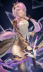 1girl black_boots black_shorts blue_background blue_eyes boots bow_(weapon) breasts cape chinese_commentary cleavage commentary corset elysia_(honkai_impact) elysia_(miss_pink_elf)_(honkai_impact) hair_ornament holding holding_bow_(weapon) holding_weapon honkai_(series) honkai_impact_3rd looking_at_viewer pink_hair short_shorts shorts signet_of_ego solo thighs weapon white_corset zh1k_yy