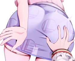 2girls akuame_(ring3922) ass ass_focus commentary_request deep_skin female_pov gold_thighlet grabbing_another&#039;s_ass groping highres hololive hololive_dev_is ichijou_ririka ichijou_ririka_(1st_costume) impossible_clothes impossible_skirt jewelry miniskirt multiple_girls otonose_kanade otonose_kanade_(1st_costume) pencil_skirt pink_shirt pov pov_hands purple_skirt pushing_away shirt skindentation skirt thigh_strap thighlet virtual_youtuber