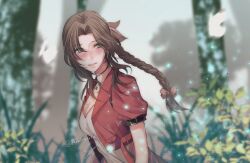 1girl aerith_gainsborough blush braid braided_ponytail breasts brown_hair choker cleavage cropped_jacket crying dress final_fantasy final_fantasy_vii final_fantasy_vii_rebirth final_fantasy_vii_remake flower_choker forest green_eyes hair_ribbon highres jacket long_hair medium_breasts nature parted_bangs parted_lips pink_dress pink_ribbon red_jacket ribbon short_sleeves sidelocks signature single_braid solo tears twitter_username upper_body yuu_crazy_doll_sae