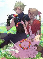 Rule 34 | 1boy, 1girl, aerith gainsborough, armor, bandaged arm, bandages, bangle, belt, black gloves, blonde hair, blue eyes, blue pants, blue shirt, boots, bracelet, braid, braided ponytail, breasts, brown belt, brown boots, brown hair, choker, cleavage, cloud strife, couple, cropped jacket, dated, dress, final fantasy, final fantasy vii, final fantasy vii rebirth, final fantasy vii remake, flower choker, furrowed brow, gloves, green eyes, hair between eyes, hair ribbon, head wreath, hetero, indian style, jacket, jewelry, long dress, long hair, medium breasts, multiple belts, open mouth, outdoors, pants, parted bangs, pauldrons, pink dress, pink ribbon, pointing, red jacket, ribbon, shirt, short hair, shoulder armor, sidelocks, single bare shoulder, single braid, single pauldron, sitting, sleeveless, sleeveless turtleneck, smile, spiked hair, suspenders, sweatdrop, turtleneck, twitter username, wakakusa-e
