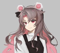Rule 34 | 1girl, animal ear hairband, animal ears, apron, black apron, bow, brown hair, collared shirt, colored inner hair, commentary, curtained hair, english commentary, fake animal ears, flxphlx, grey background, hair bow, hair over shoulder, hairband, head tilt, leukocoria, long hair, looking at viewer, mouse ears, multicolored hair, pink eyes, polarcubyt, roblox, shirt, sidelocks, simple background, smile, solo, upper body, very long hair, white shirt