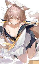 1girl ? animal_ear_fluff animal_ears bandaid bandaid_on_shoulder black_ribbon black_skirt black_socks blush breasts brown_eyes camisole cleavage closed_mouth clumsy collarbone commentary flying_sweatdrops fox_ears fox_girl full_body highres koka_(rikku-file) light_brown_hair long_hair long_sleeves looking_at_viewer medium_breasts neckerchief off_shoulder original paper_on_head pen pleated_skirt ribbon sailor_collar skirt sleeves_past_fingers sleeves_past_wrists socks solo strap_slip sweatdrop sweater symbol-only_commentary tail tied_sleeves twintails white_background white_footwear white_sweater yellow_neckerchief yellow_ribbon