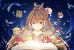 &gt;_&lt; 2others 6+girls :d =_= animal_ears bird blue_eyes blue_hair blue_ribbon book brown_capelet brown_cloak capelet ceres_fauna ceres_fauna_(1st_costume) chain chain_headband chibi cloak demon_horns falling_feathers falling_paper feather_hair_ornament feathers glowing glowing_book green_hair grin hair_intakes hair_ornament hairclip hakos_baelz hakos_baelz_(1st_costume) heterochromia highres holocouncil hololive hololive_english holopromise hooman_(nanashi_mumei) hootsie_(nanashi_mumei) horns irys_(hololive) irys_(irys_2.0)_(hololive) limiter_(tsukumo_sana) long_hair mini_person minigirl mouse_ears mouse_girl multicolored_hair multiple_girls multiple_others nanashi_mumei nanashi_mumei_(1st_costume) open_book open_mouth ouro_kronii ouro_kronii_(1st_costume) owl planet_hair_ornament pointy_ears ponytail red_hair ribbon sharp_teeth sky smile song_name star_(sky) starry_sky streaked_hair teeth tree_horns triangle_mouth tsukumo_sana tsukumo_sana_(1st_costume) very_long_hair virtual_graduation_commemoration virtual_youtuber yanne_0502