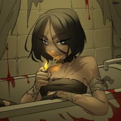 1girl bandaged_wrist bandages bathroom belt belt_buckle belt_collar black_belt black_eyes black_hair black_pants black_tube_top blood blood_drip blood_splatter breasts bright_pupils buckle burn_scar cleavage collar collarbone commission curtains eyelashes eyes_visible_through_hair facial_scar faucet fingernails fire grey_eyes hair_between_eyes heterochromia highres holding holding_lighter in_bathtub indoors large_breasts lighter long_hair_between_eyes original pants parted_lips scar scar_across_eye scar_on_arm scar_on_cheek scar_on_face short_hair sitting smile smoking solo strapless teeth torn_clothes torn_pants torn_tube_top tube_top upper_body white_pupils wikate