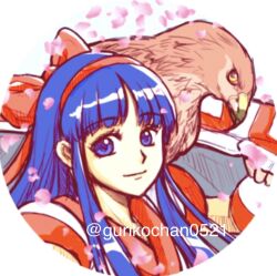1girl ainu_clothes artist_name blue_eyes blue_hair breasts cherry_blossoms clenched_hand fingerless_gloves gloves hair_ribbon looking_at_viewer mamahaha medium_breasts nakoruru ribbon samurai_spirits smile snk solo the_king_of_fighters