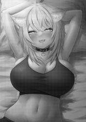 Rule 34 | 1girl, absurdres, animal ear fluff, animal ears, arm behind head, arms up, blush, bra, breasts, cat ears, cat girl, choker, cleavage, collarbone, comiket 104, commentary request, crossed bangs, greyscale, hair between eyes, half-closed eyes, highres, hololive, large breasts, looking at viewer, lying, medium hair, monochrome, navel, nekomata okayu, on back, on bed, open mouth, seductive smile, smile, solo, stomach, tanu (ace ikachan), underwear, upper body, virtual youtuber