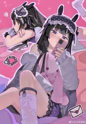 Rule 34 | 1girl, absurdres, animal ears, black hair, blush, cellphone, commentary request, eye mask, fake animal ears, frills, highres, holding, holding phone, jacket, looking at phone, lying, mask, mask on head, multiple views, nail polish, nijisanji, open clothes, open jacket, outline, phone, pink background, purple eyes, purple hair, purple mask, purple nails, rabbit ears, rippoutai fuusen, sleep mask, smartphone, tsukino mito, virtual youtuber, weibo username, white outline
