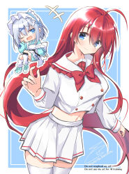 Rule 34 | +++, 1boy, 1girl, 3:, ;d, absurdres, ahoge, aqua shirt, aqua skirt, blue background, blue bow, blue eyes, blue hair, blue hairband, blush, border, bow, bowtie, buttons, chibi, chibi inset, closed mouth, commentary request, cowboy shot, double-breasted, dutch angle, eyes visible through hair, floating hair, frilled hairband, frilled sailor collar, frills, frown, furrowed brow, hair between eyes, hair bow, hair ornament, hairband, hand up, highres, kamisama choose! sensei onna no ko niatteru yo!, kneehighs, laughing, lolita hairband, long hair, long sleeves, looking at viewer, medium hair, midriff, miniskirt, navel, okihi kanae, one eye closed, open mouth, outline, outside border, pleated skirt, red bow, red bowtie, red hair, sailor collar, school uniform, serafuku, shirahato inori, shirt, sidelocks, signature, simple background, sitting, skirt, smile, socks, split mouth, thighhighs, trap, twitter username, usetsusakon2, very long hair, white border, white outline, white sailor collar, white serafuku, white shirt, white skirt, white socks, white thighhighs, x hair ornament, zettai ryouiki