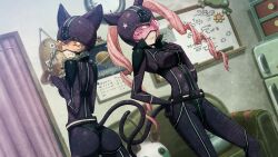 2girls akiha_rumiho akiha_rumiho_(chat_noir) amane_suzuha amane_suzuha_(chat_noir) animal_ears ass bell belt belt_around_waist belt_buckle black-framed_eyewear blush bodysuit braid breasts brown_hair buckle calendar_(object) cat_belt_buckle cat_ears cat_headgear chat_noir_costume_(steins;gate) clenched_teeth closed_curtains closed_eyes couch curtains drawing_board drill_hair dutch_angle embarrassed fake_tail floating_hair future_gadget_lab game_cg gloves grin hair_tie half-closed_eye hand_on_own_chest hand_on_own_hip headgear helmet highres huke impossible_bodysuit impossible_clothes indoors latex latex_bodysuit long_hair looking_at_viewer medium_breasts multiple_girls narrowed_eyes neck_bell non-web_source official_art one_eye_closed own_hands_together parted_lips pink-tinted_eyewear pink_eyes pink_hair pink_lips purple_bodysuit purple_gloves refrigerator ringed_eyes science_adventure shiny_clothes shiny_lips shoulder_pads skin_tight smile smirk smug square_pupils star_(symbol) star_print steins;gate steins;gate:_linear_bounded_phenogram stuffed_animal stuffed_toy tail teeth tinted_eyewear tsurime twin_braids twin_drills twintails upa_(steins;gate) whiteboard yellow-tinted_eyewear
