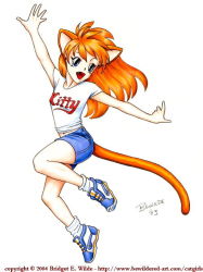00s 1girl 2004 animal_ears bewildered blue_eyes blue_footwear blue_shorts breasts cat_ears cat_girl cat_tail clothes_writing denim denim_shorts fang jumping navel open_mouth red_hair shirt shoes short_sleeves shorts simple_background small_breasts smile sneakers socks tail white_shirt white_socks