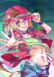 10s 1boy androgynous blonde_hair newsboy_cap gradient_hair green_eyes hat heterochromia hood hoodie male_focus multicolored_hair no_game_no_life shirt short_hair shorts smile solo spade sundog symbol-shaped_pupils t-shirt tet_(no_game_no_life) teto_(no_game_no_life) wristband