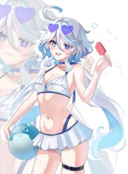 Rule 34 | 1girl, ahoge, alternate costume, ball, beachball, bikini, blue-tinted eyewear, blue choker, blue eyes, blue hair, blue pupils, blush, breasts, choker, cleavage, collarbone, commentary request, drop-shaped pupils, eyewear on head, food, frilled bikini, frills, furina (genshin impact), genshin impact, hair between eyes, heart, heart-shaped eyewear, heterochromia, highres, holding, holding ball, holding beachball, holding food, holding popsicle, long hair, looking at viewer, medium breasts, multicolored hair, navel, open mouth, popsicle, stomach, streaked hair, swimsuit, symbol-shaped pupils, thigh strap, tinted eyewear, turyee0322, very long hair, white background, white bikini, white hair, zoom layer