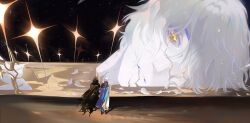 1boy absurdres alternate_costume beach dual_persona flame_reaver_of_the_deepest_dark full_body hair_over_one_eye highres honkai:_star_rail honkai_(series) looking_at_viewer male_focus neon_genesis_evangelion night night_sky outdoors parody parted_lips phainon_(honkai:_star_rail) pogogu short_hair sky sparkle star_(sky) the_end_of_evangelion water white_hair yellow_eyes