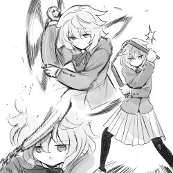 Rule 34 | 1girl, afterimage, bow, bowtie, closed mouth, collared shirt, expressionless, expressionless kouhai (kato takuji), failure, greyscale, highres, holding, holding nunchaku, holding weapon, jacket, jitome, kato takuji, long sleeves, looking at another, monochrome, motion lines, multiple views, no mouth, nunchaku, original, pantyhose, school uniform, self-harm, sequential, shirt, shoes, short hair, skirt, speed lines, weapon
