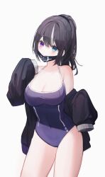 1girl absurdres bare_shoulders black_hair black_jacket blue_eyes blue_one-piece_swimsuit boong0619 breasts cleavage closed_mouth commission contrapposto covered_navel heterochromia highres jacket large_breasts long_hair long_sleeves looking_at_viewer mask mask_pull mouth_mask multicolored_hair off_shoulder one-piece_swimsuit open_clothes open_jacket original ponytail purple_eyes simple_background sleeves_past_fingers sleeves_past_wrists smile solo spaghetti_strap streaked_hair swimsuit thighs white_background