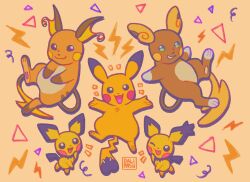 alolan_form alolan_raichu animal_focus creatures_(company) dalimash evolutionary_line game_freak gen_1_pokemon gen_2_pokemon gen_7_pokemon highres nintendo no_humans orange_background pichu pikachu pokemon pokemon_(creature) raichu signature simple_background smile tongue tongue_out