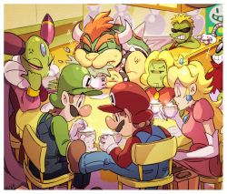 2girls 6+boys anger_vein blonde_hair bowser brown_hair cackletta cafe closed_eyes counter crown cup disposable_cup dress earrings facial_hair fawful forehead_jewel glasses hat horns jewelry luigi mario mario_&amp;_luigi:_superstar_saga mario_&amp;_luigi_rpg mario_(series) multiple_boys multiple_girls mustache nintendo nowitsevenhotter overalls prince_peasley princess_peach red_hair smile starbeans_employee sunglasses table