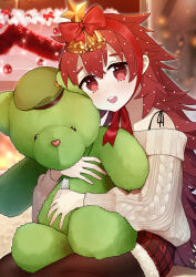 1girl absurdres bell blush bow_hairband character_doll chin_strap christmas dog_tags flaky_(happy_tree_friends) flippy_(happy_tree_friends) fur-trimmed_shorts fur_trim hairband happy_tree_friends hat highres holding holding_stuffed_toy long_hair long_sleeves looking_at_viewer noko_(meityoko73) off-shoulder_sweater off_shoulder open_mouth pantyhose personification plaid_clothes plaid_shorts red_eyes red_hair shorts sitting smile solo star_(symbol) stuffed_animal stuffed_toy sweater teddy_bear thick_eyebrows very_long_hair