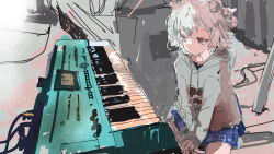 1girl blue_skirt cevio closed_mouth commentary_request double_bun feet_out_of_frame grey_hair grey_hoodie hair_bun hair_ornament hairclip highres hood hood_down hoodie instrument kabuyama_kaigi keyboard_(instrument) koharu_rikka long_sleeves looking_at_object on_stool pink_eyes pleated_skirt short_hair sitting skirt solo synthesizer_v v_arms
