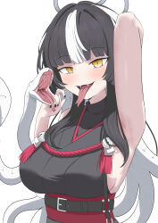 1girl absurdres armpits azami_(blue_archive) black_kimono black_nails blue_archive blunt_bangs blush breasts commentary fangs forked_tongue halo highres hime_cut japanese_clothes kimono large_breasts long_hair looking_at_viewer mikkotine multicolored_hair open_mouth simple_background sleeveless sleeveless_kimono slit_pupils snake snake_hair solo standing streaked_hair symbol-only_commentary tongue tongue_out white_background white_hair yellow_eyes