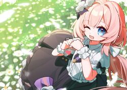 Rule 34 | 1girl, ;o, absurdres, alternate costume, black skirt, blue eyes, chinese commentary, commentary request, elf, elysia (honkai impact), field, flower, flower field, hair flower, hair ornament, heart, heart hands, highres, honkai (series), honkai impact 3rd, long hair, looking at viewer, mogu kinoko, one eye closed, open mouth, outdoors, pink hair, pointy ears, scrunchie, shirt, skirt, solo, white shirt, wrist scrunchie