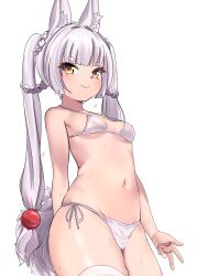 1girl :&gt; absurdres animal_ear_fluff animal_ears armpit_crease asanagi_(azur_lane) asanagi_(lulled_by_rough_seas)_(azur_lane) azur_lane bikini blunt_bangs braid cameltoe closed_mouth commentary_request contrapposto covered_erect_nipples cowboy_shot dedorudy dutch_angle fox_ears fox_girl fox_tail grey_hair hair_bobbles hair_ornament highres long_hair micro_bikini navel official_alternate_costume see-through_bikini see-through_clothes side-tie_bikini_bottom smile solo standing stomach swimsuit tail thick_eyebrows thighhighs twintails very_long_hair wet wet_bikini white_bikini white_thighhighs yellow_eyes