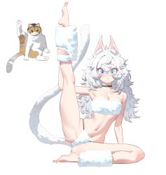 1girl absurdres animal_ear_fluff animal_ears barefoot black_choker blue_eyes cat cat_ears cat_girl cat_tail choker fur_bikini highres leg_up long_hair looking_at_viewer original personification simple_background slit_pupils solo tail white_background white_hair wonbin_lee