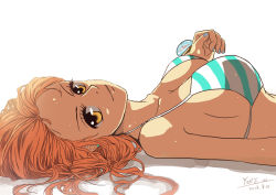 1girl 2013 absurdres artist_name bikini blue_nails breasts chameria closed_mouth dated earrings from_side highres jewelry long_hair looking_at_viewer lying medium_breasts nail_polish nami_(one_piece) on_back one_piece orange_hair sideboob simple_background sketch solo straight_hair striped_bikini striped_clothes swimsuit upper_body white_background yellow_eyes