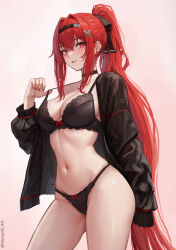 1girl black_bra black_choker black_hairband black_jacket black_panties bra bra_pull breasts choker clothes_pull commentary contrapposto cowboy_shot hairband haruyuki_(karem) high_ponytail highres jacket large_breasts long_hair looking_at_viewer mark_under_both_eyes navel panties parted_lips ponytail punishing:_gray_raven red_eyes red_hair red_nails sidelocks solo stomach symbol-only_commentary twitter_username underwear vera:_garnet_(pgr) vera_(pgr) very_long_hair