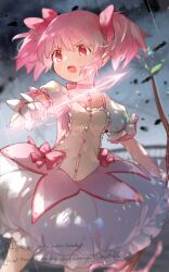 1girl arrow_(projectile) bow bow_(weapon) bow_choker bubble_skirt choker collarbone commentary cowboy_shot dress frilled_skirt frills gloves hair_bow highres holding holding_arrow holding_bow_(weapon) holding_weapon kaname_madoka kaname_madoka_(magical_girl) magical_girl mahou_shoujo_madoka_magica mahou_shoujo_madoka_magica_(anime) mzk0526 open_mouth outdoors petticoat pink_bow pink_dress pink_hair rain red_choker red_eyes short_dress short_hair short_sleeves skirt solo twintails twitter_username v-shaped_eyebrows watermark weapon white_gloves white_skirt
