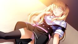 1girl black_dress black_ribbon black_thighhighs blonde_hair blue_dress blush bra breasts buttons closed_eyes covered_erect_nipples crotch_seam double-breasted dress dutch_angle fanny_pack game_cg grisaia_(series) grisaia_no_kajitsu hair_ribbon highres long_hair matsushima_michiru medium_breasts non-web_source open_mouth panties partially_unbuttoned pink_bag pink_bra pink_panties ribbon sailor_collar school_uniform shirt short_sleeves sleeveless sleeveless_dress solo standing strap_slip thighhighs two-tone_dress underwear upskirt variant_set watanabe_akio white_sailor_collar white_shirt