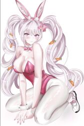 1girl alice_(nikke) alice_(wonderland_bunny)_(nikke) animal_ear_hairband animal_ears bare_arms bare_shoulders between_legs blush bow bowtie breasts carrot_hair_ornament cleavage detached_collar fake_animal_ears food-themed_hair_ornament goddess_of_victory:_nikke hair_between_eyes hair_ornament hairband hand_between_legs highres kneeling kuroshiro030 large_breasts leotard long_hair looking_at_viewer official_alternate_costume pantyhose pink_bow pink_bowtie pink_eyes pink_hairband pink_leotard playboy_bunny rabbit_ear_hairband rabbit_ears shoes sidelocks smile twintails white_pantyhose white_shoes wrist_cuffs
