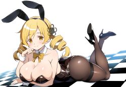 Rule 34 | 1girl, absurdres, animal ears, ass, black pantyhose, blonde hair, blush, bow, bowtie, breasts, cleavage, collarbone, commentary request, detached collar, drill hair, fake animal ears, fake tail, high heels, highres, large breasts, leotard, long hair, looking at viewer, lying, mahou shoujo madoka magica, mahou shoujo madoka magica (anime), nagare (flow), on stomach, pantyhose, playboy bunny, rabbit ears, rabbit tail, smile, solo, tail, the pose, tomoe mami, twin drills, wrist cuffs, yellow bow, yellow bowtie, yellow eyes