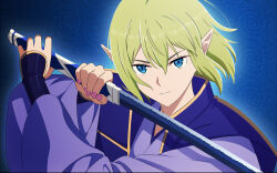1girl blue_eyes buruma dungeon_ni_deai_wo_motomeru_no_wa_machigatteiru_darou_ka elf fate/stay_night fate_(series) green_buruma green_hair highres holding holding_sword holding_weapon jacket katana planted planted_sword planted_weapon pointy_ears purple_jacket rayish ryu_lion sasaki_kojirou_(fate) sword weapon