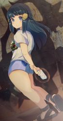 1girl akari_(pokemon) arceus black_hair blush closed_mouth commentary_request crack cracked_wall creatures_(company) eyelashes game_freak gen_4_pokemon grey_eyes hair_ornament hairclip highres holding holding_phone legendary_pokemon long_hair looking_to_the_side mythical_pokemon nintendo phone pokemon pokemon_(creature) pokemon_legends:_arceus print_shirt purple_shorts sandals shirt short_shorts short_sleeves shorts sidelocks solo standing t-shirt thighs umiru white_shirt