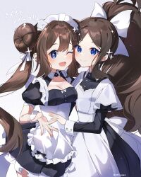 2girls ;d alternate_costume apron black_dress blue_eyes breasts brown_hair cleavage closed_mouth coletta_(colet_colettia) commentary_request dress enmaided eyelashes grey_background hair_ribbon happy highres hilda_(pokemon) long_hair long_sleeves maid maid_headdress multiple_girls nintendo one_eye_closed open_mouth parted_bangs pokemon pokemon_bw pokemon_bw2 ribbon rosa_(pokemon) sidelocks smile sparkle watermark white_apron white_ribbon