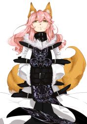Rule 34 | 1girl, animal ear fluff, animal ears, breasts, carrot-kun, cosplay, fate/grand order, fate (series), female focus, fox ears, fox tail, highres, koumajou densetsu, koumajou densetsu 2, large breasts, long hair, looking at viewer, pink hair, simple background, solo, tail, tamamo (fate), tamamo no mae (fate/extra), touhou, transparent background, white background, yakumo ran, yakumo ran (cosplay), yellow eyes