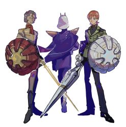 1girl 2boys back brown_hair cape energy_sword full_body grey_hair gundam gundam_gquuuuuux helmet highres holding holding_polearm holding_shield holding_sword holding_weapon jacket kajoichiro kycilia_zabi lance looking_at_viewer m&#039;quve military_jacket military_uniform mole mole_under_mouth multiple_boys pants polearm shield shoes short_hair simple_background standing sword weapon white_background xavier_olivette