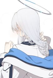 Rule 34 | 1girl, blue archive, commentary, from behind, grey hair, halo, hands up, highres, jacket, long hair, long sleeves, noa (blue archive), off shoulder, shirt, shiwa (siwaa0419), simple background, solo, symbol-only commentary, upper body, white background, white jacket, white shirt