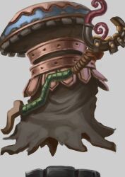 artoflec black_cloak cloak commentary english_commentary floating gears grey_background highres no_humans ragnarok_online simple_background solo staff tower_keeper