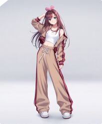 1girl absurdres blue_eyes brown_hair brown_jacket brown_pants closed_mouth collarbone contrapposto full_body hairband highres jacket kizuna_ai kizuna_ai_inc. long_hair long_sleeves looking_at_viewer midriff morikura_en multicolored_hair navel official_art open_clothes pants pink_hair pink_hairband shirt shoes single_off_shoulder smile solo standing streaked_hair swept_bangs virtual_youtuber white_shirt white_shoes