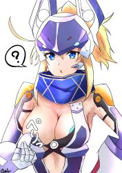 1girl ? absurdres ahoge artoria_pendragon_(fate) black_bra blonde_hair blue_eyes blue_leotard blue_scarf blush bra breasts center_opening cleavage elbow_gloves fate/grand_order fate_(series) gauntlets gloves helmet highres large_breasts leotard long_hair looking_at_viewer mysterious_heroine_xx_(fate) mysterious_heroine_xx_(second_ascension)_(fate) open_mouth ponytail s4ika scarf sidelocks solo underwear