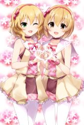 Rule 34 | 2girls, blonde hair, blush, bow, bowtie, brown choker, brown hair, buttons, checkered clothes, choker, collarbone, commentary, cowboy shot, dot nose, dress, floral background, frilled dress, frills, green eyes, hair between eyes, hairband, heart, heart hands, heart hands duo, highres, idolmaster, idolmaster cinderella girls, idolmaster cinderella girls u149, koga koharu, looking at viewer, medium hair, multiple girls, official alternate costume, one eye closed, open mouth, pantyhose, paopao, pink background, pink bow, pink bowtie, pink hairband, sailor collar, sakurai momoka, sidelocks, sleeveless, sleeveless dress, smile, wavy hair, white pantyhose, white sailor collar, wristband, yellow dress
